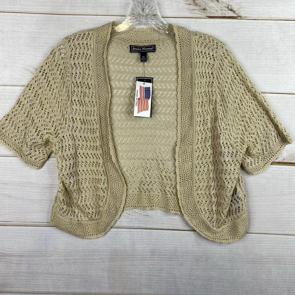 Jessica Howard Top Womens XXL Beige Crochet Shrug Cropped Cardigan Sweater NWT
